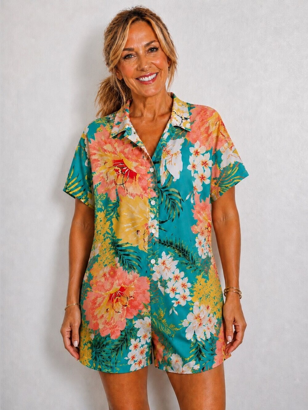 Shein Tropical Floral Button-Up Romper- Teal, Yellow, White & Coral, Size XL
